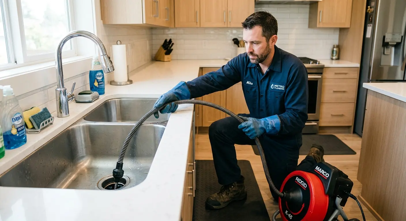 Drain cleaning technician using a motorized snake on a kitchen sink in Raton