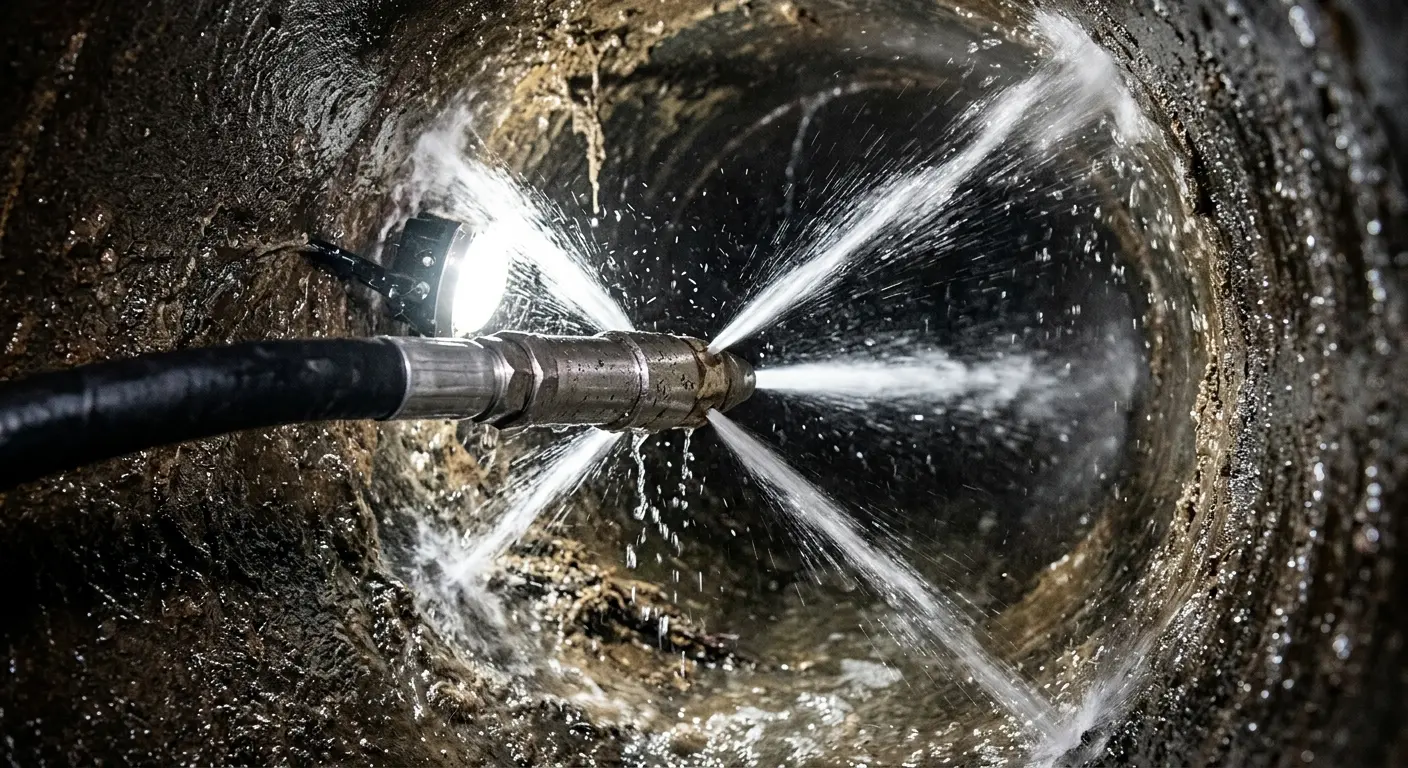 High-pressure hydro jetting nozzle cleaning sewer pipe for Sewer Cleanout in Raton