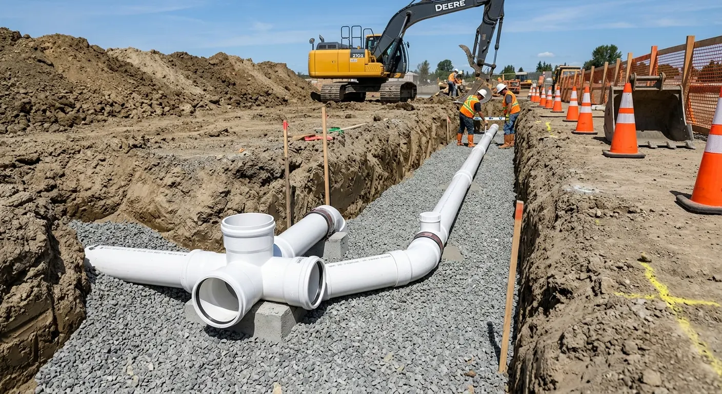New PVC sewer pipe installation in open trench for Commercial Drain Cleaning in Raton