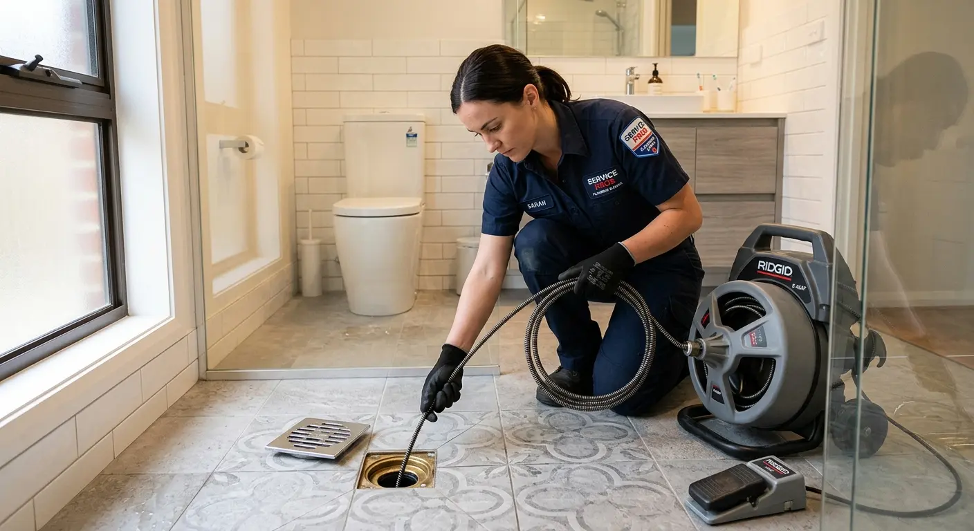 Technician clearing a bathroom floor drain for Clogged Drain Repair in Raton